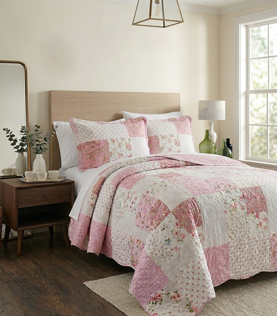Blush Cottage Patchwork Quilted Set (3-Piece Set)