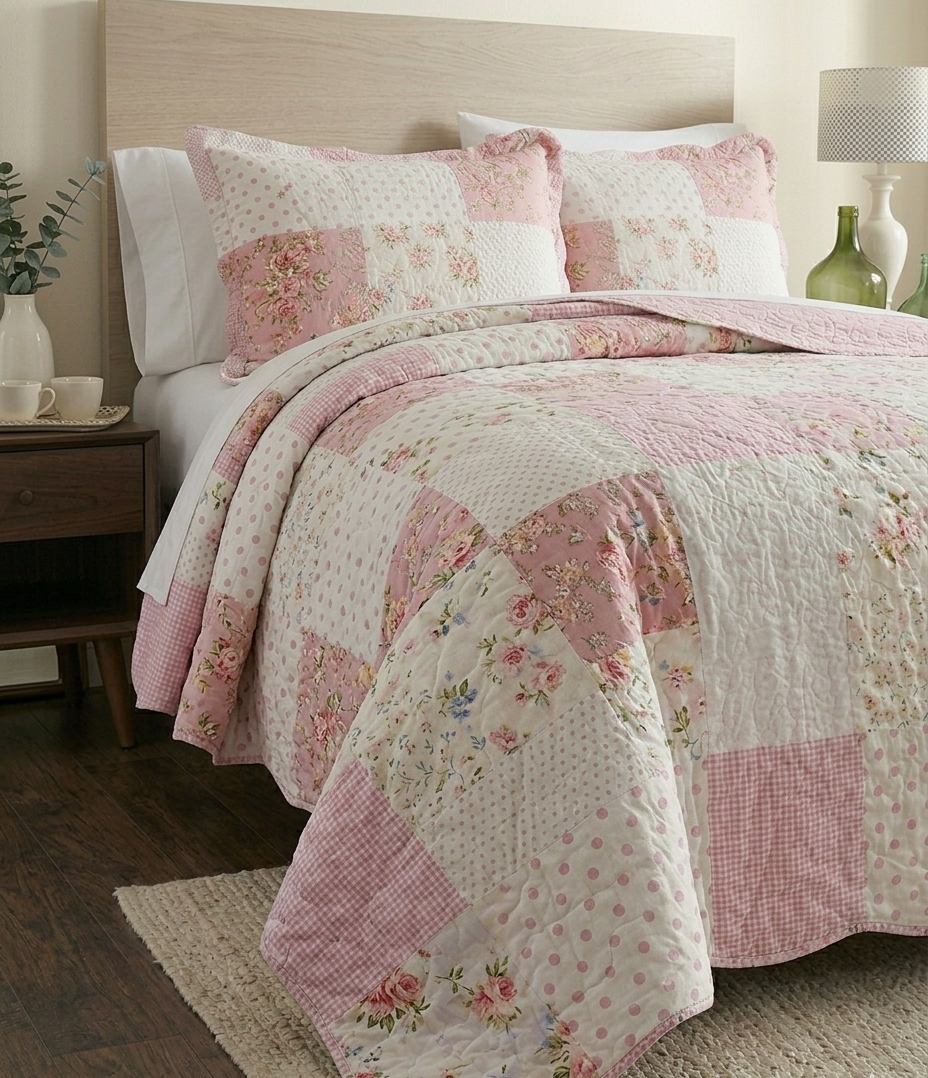 Blush Cottage Patchwork Quilted Set (3-Piece Set)