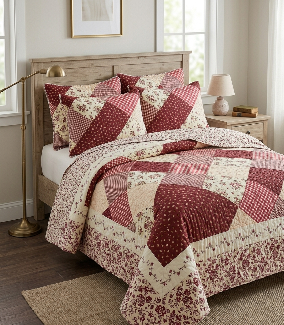 Burgundy Country Patchwork Quilted Set (3-Piece Set)