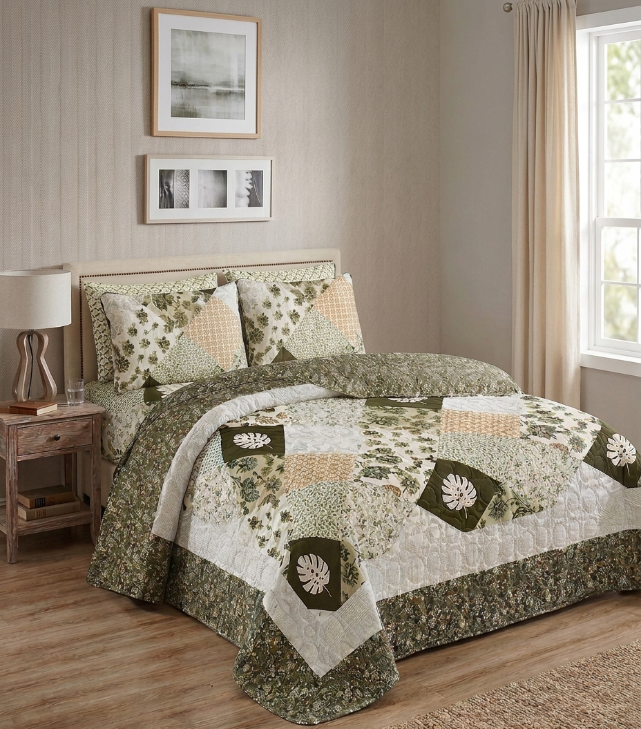 Olive Monstera Patchwork Quilted Set (3-Piece Set)