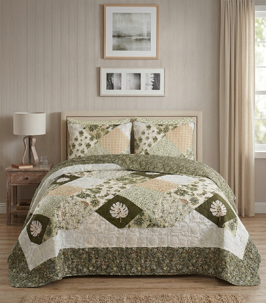 Olive Monstera Patchwork Quilted Set (3-Piece Set)