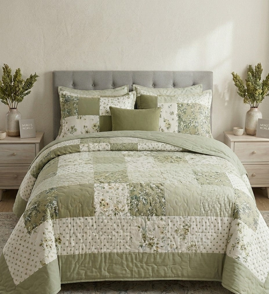 Olive Vintage Patchwork Quilted Set (3-Piece Set)