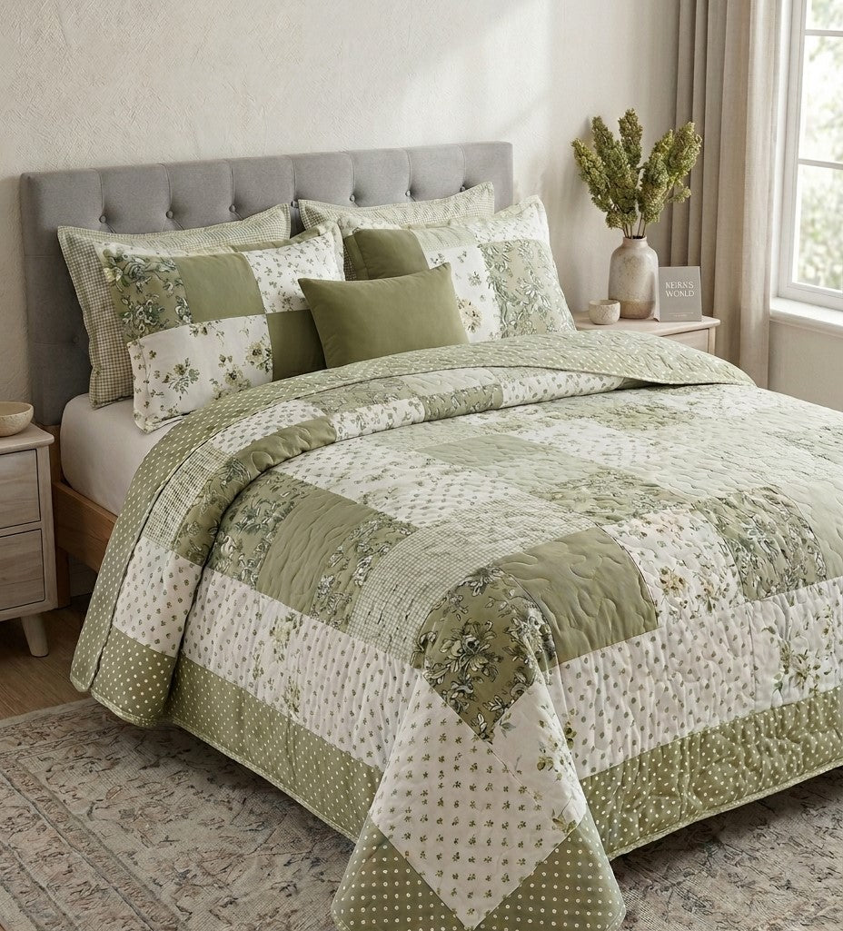 Olive Vintage Patchwork Quilted Set (3-Piece Set)
