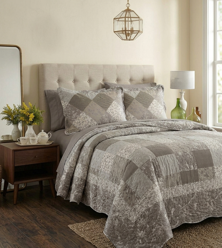 Classic Gray Gingham Quilted Set (3-Piece Set)