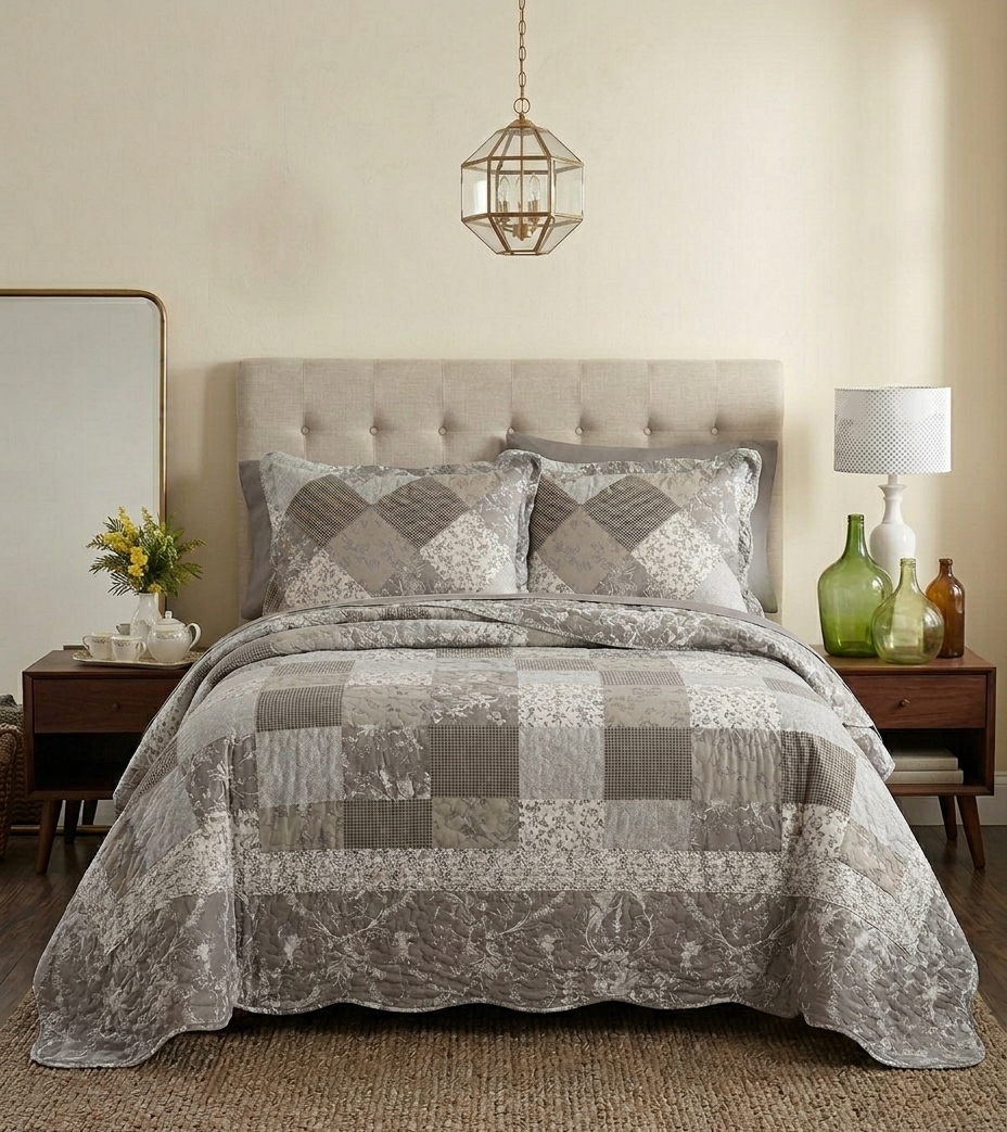 Classic Gray Gingham Quilted Set (3-Piece Set)