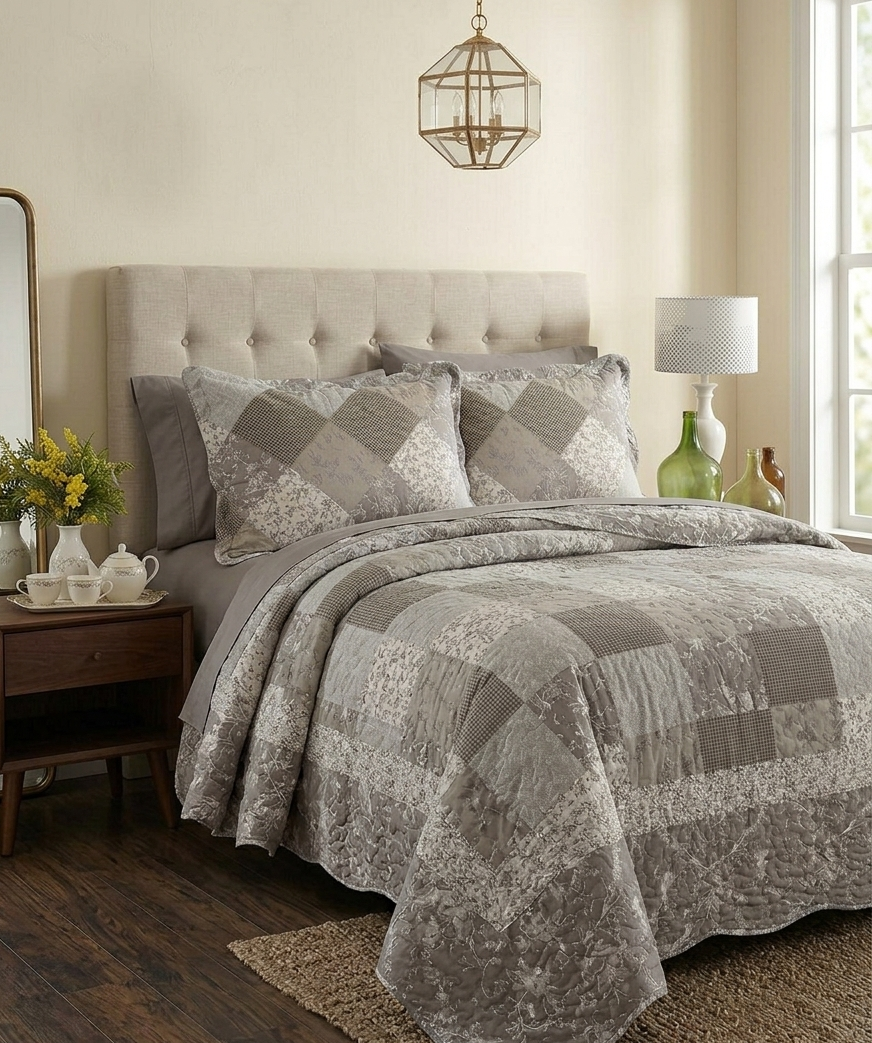 Classic Gray Gingham Quilted Set (3-Piece Set)
