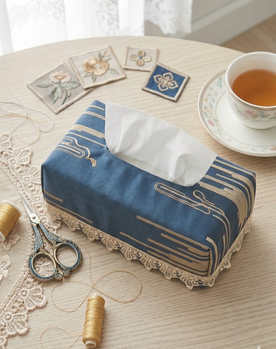 Blue tissue box cover on a table with a cup of tea and decorative items.