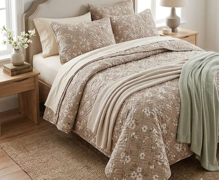 Neatly made bed with floral-patterned comforter in a bedroom setting.