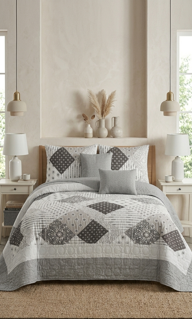 White black quilt set with modern geometric bedding design for bedroom decor