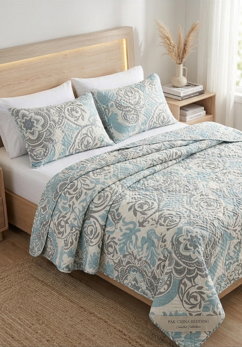 aqua grey colored printed bedding set