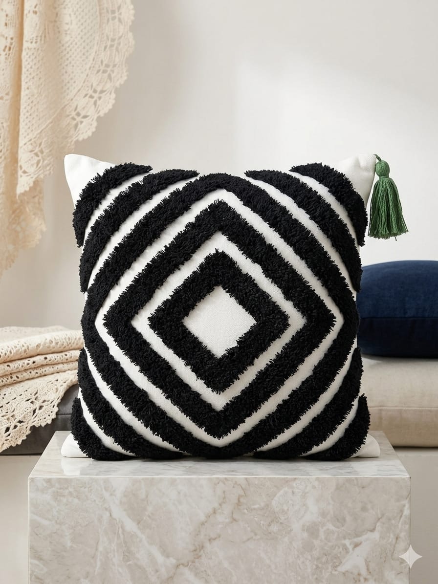 Decorative pillow with black and white geometric pattern on a marble surface.