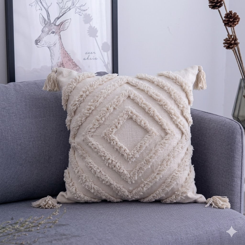 Textured pillow with tassels on a gray sofa, with a framed picture of a deer in the background.