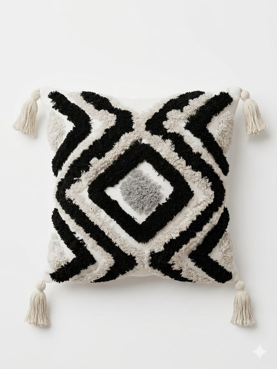 Decorative pillow with black and white geometric pattern and tassels on a white background