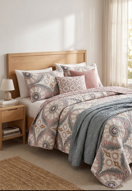 Boho medallion quilt bedding set with intricate traditional ornamental pattern