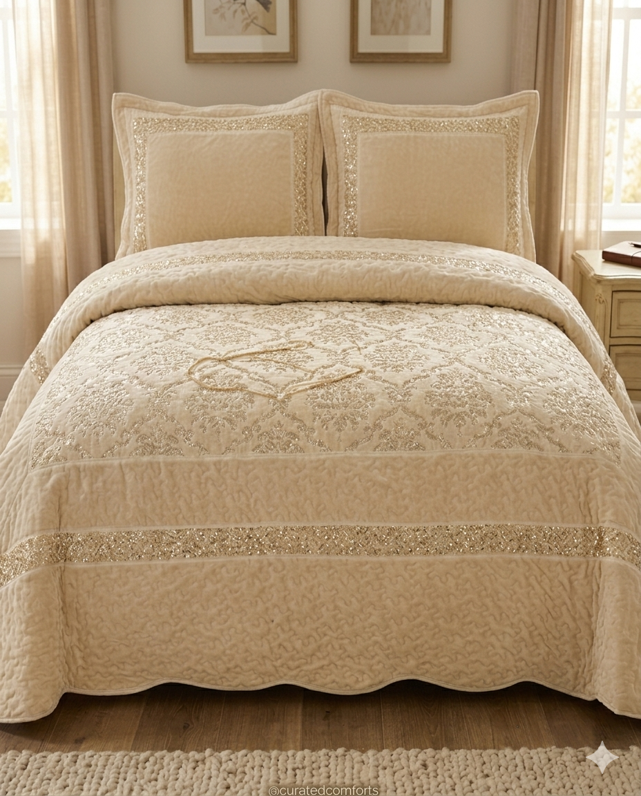 Beige textured quilt set on a bed with matching pillows in a bedroom setting.