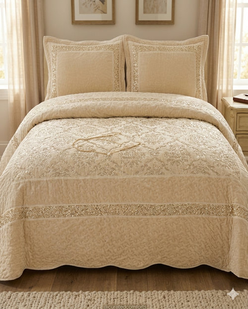 Beige textured quilt set on a bed with matching pillows in a bedroom setting.