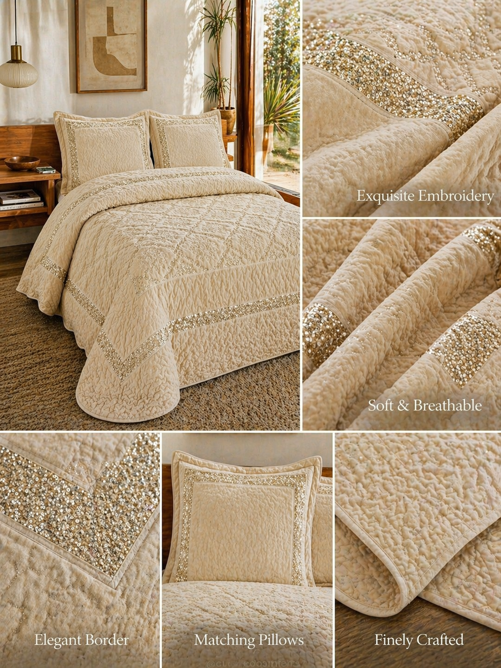 Collage of a beige quilt set with detailed views of texture and design.
