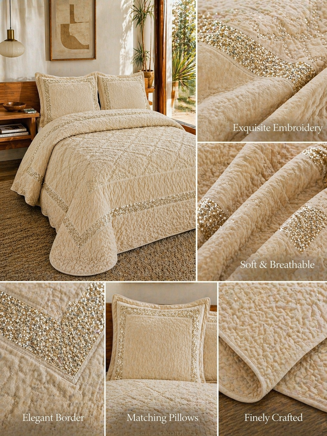Collage of a beige quilt set with detailed views of texture and design.