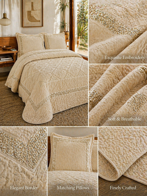 Collage of a beige quilt set with detailed views of texture and design.
