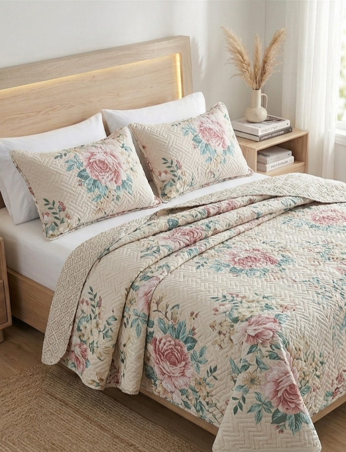 Cream garden rose quilt bedding set with soft floral rose pattern design