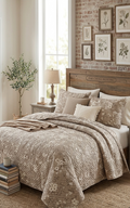 Cream mandala scroll quilt bedding set with detailed traditional pattern design