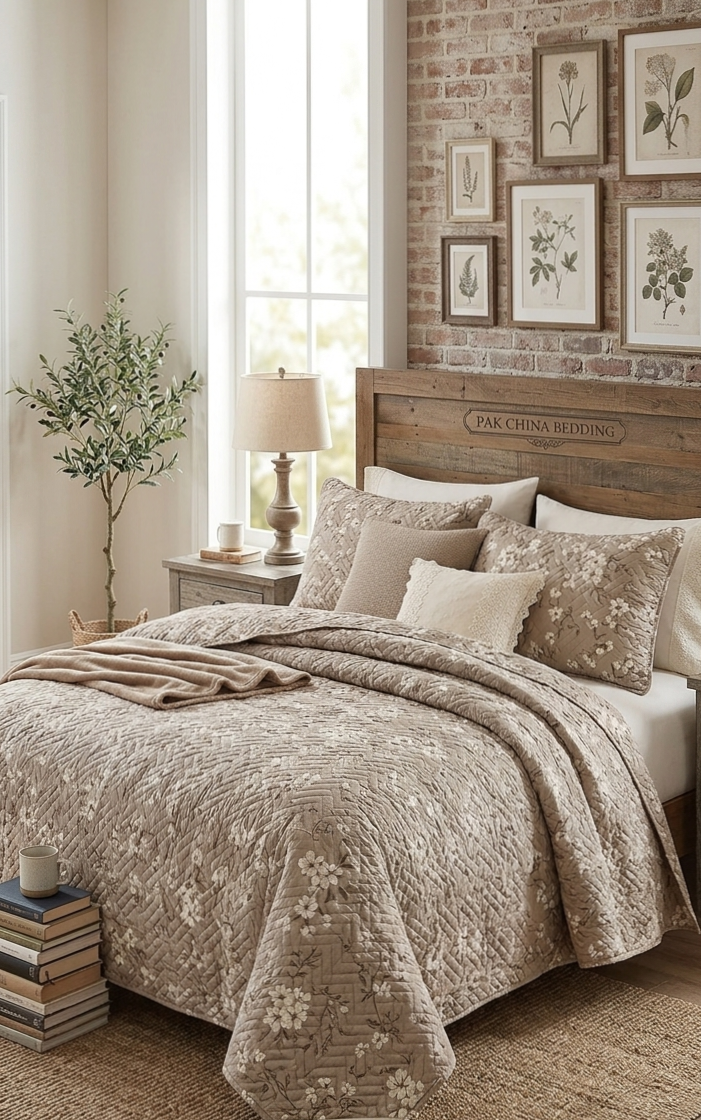 Cream mandala scroll quilt bedding set with detailed traditional pattern design