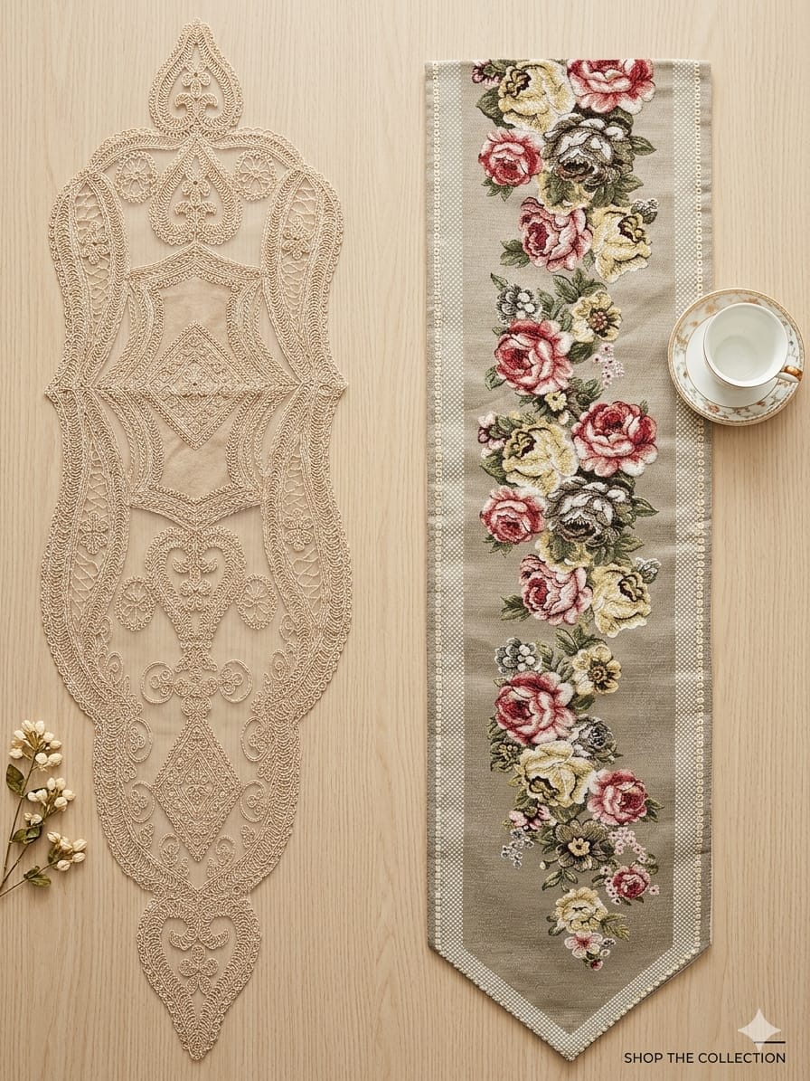 Decorative table runner with floral pattern on a wooden surface