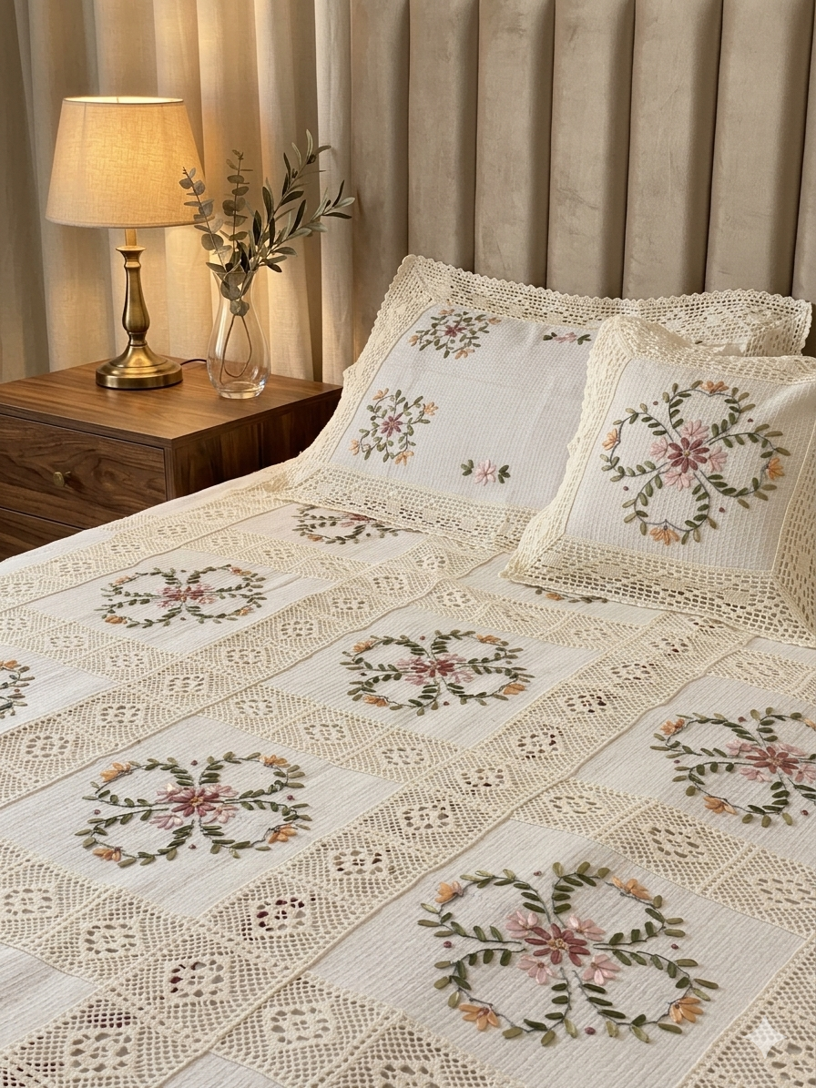 Decorative bedspread with floral patterns on a bed in a bedroom setting.