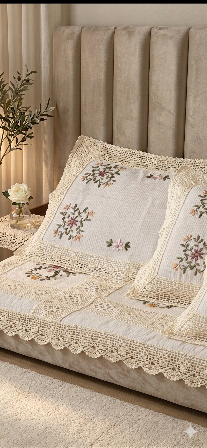 Embroidered pillowcases on a bed with a decorative headboard and side table.