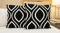 Two black and white patterned pillows on a bed.