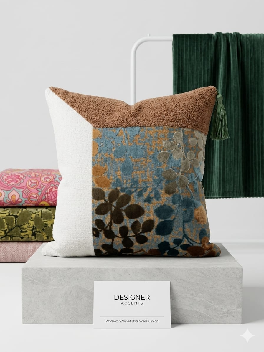 Decorative pillow with floral pattern on a white surface, with 'Designer Accents' card visible.