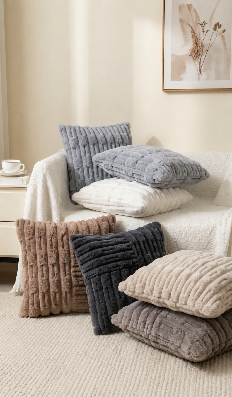 Decorative pillows on a sofa in a living room setting