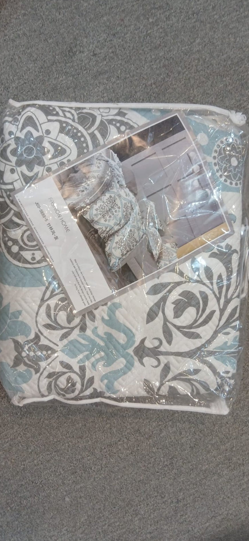 Aqua Grey Printed Quilted Bedsheet Set (3 PCS)