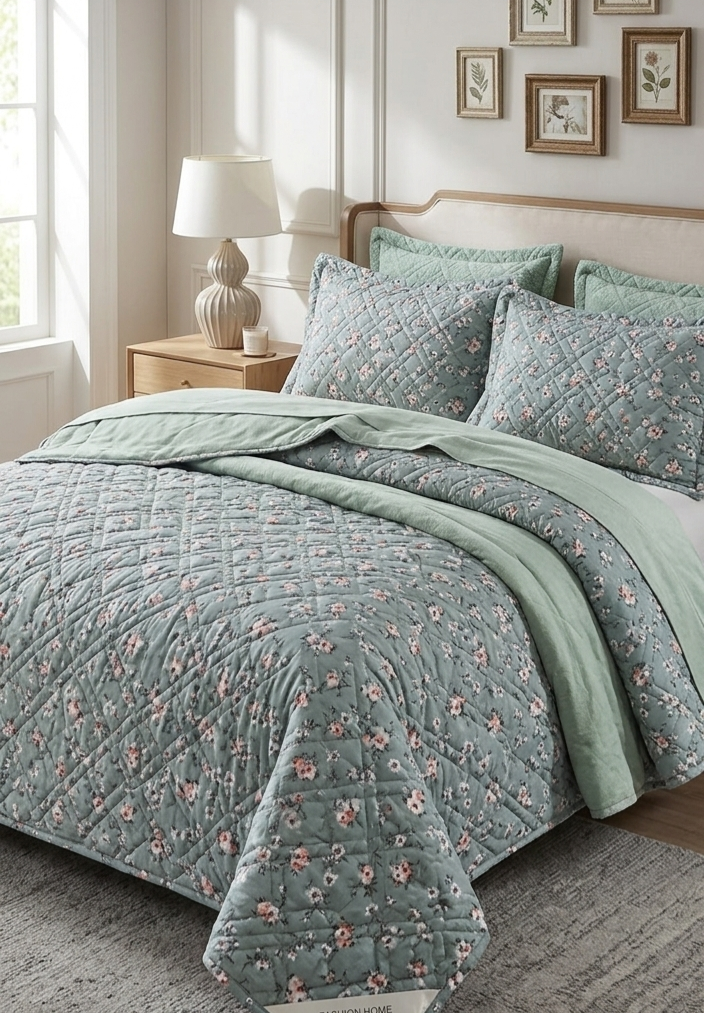Teal floral quilt set on a bed in a bedroom with framed pictures on the wall.