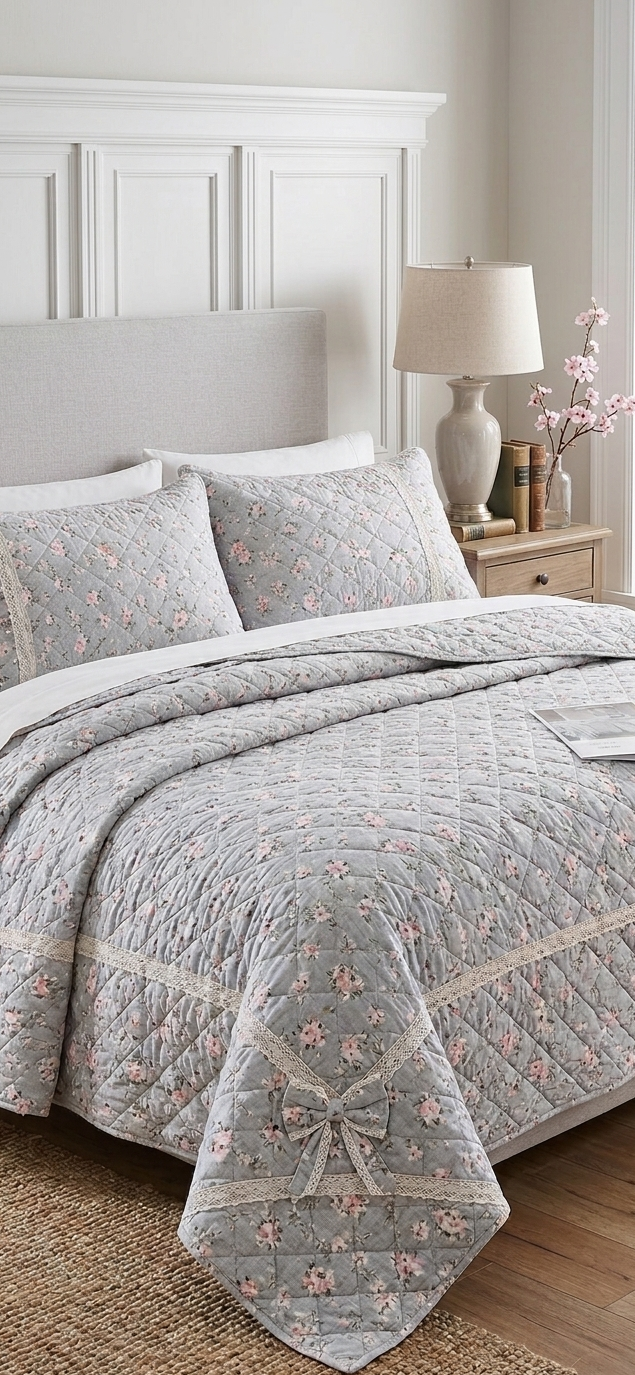 Grey Ditsy Floral Quilted Set (4-Piece Set)
