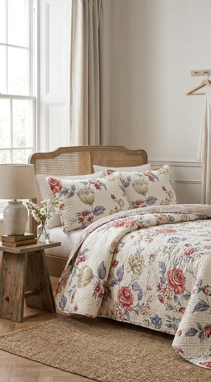 Cream Floral Rose & Tulip Quilted Set (3-Piece Set)