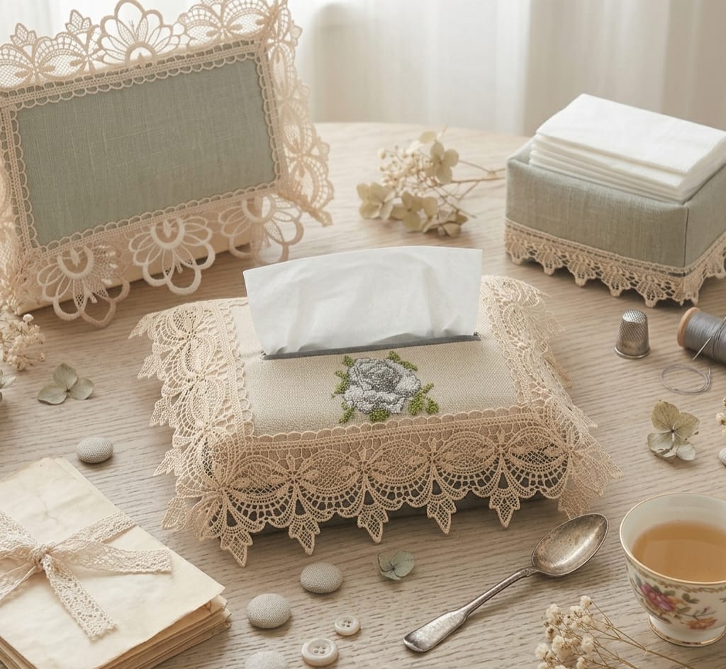 Decorative lace-covered tissue box with a cup of tea and spoon on a wooden surface.