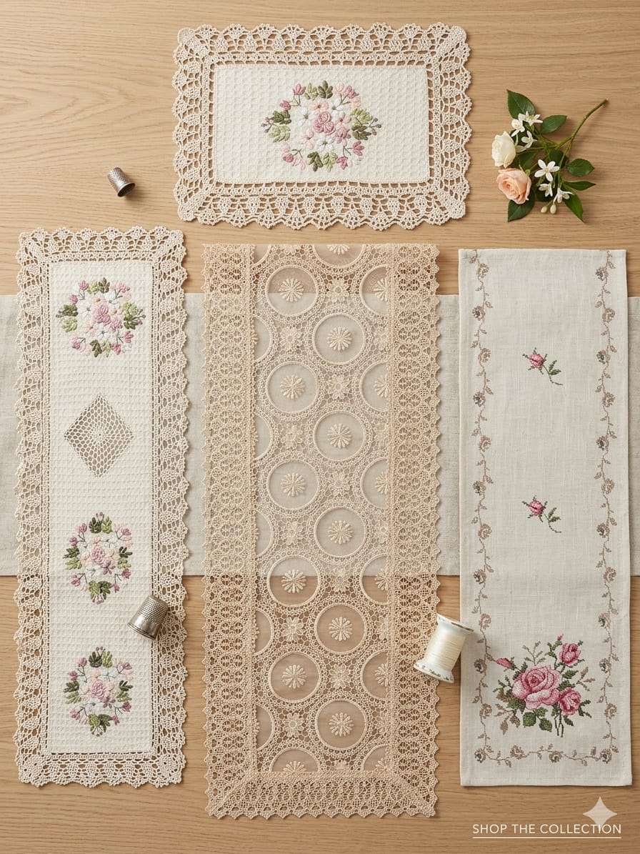 Set of lace doilies with floral and geometric patterns on a wooden surface.