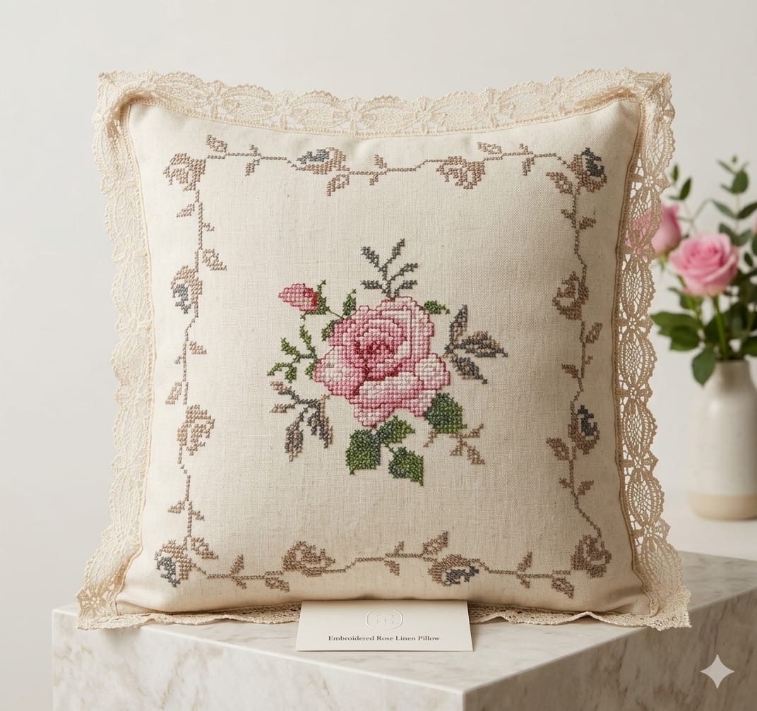 Decorative pillow with floral cross-stitch design on a white surface