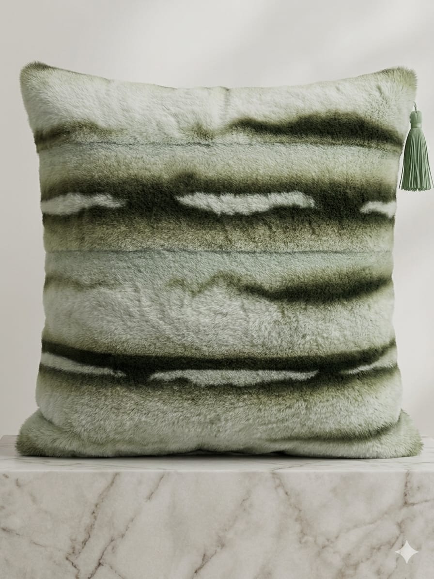 Textured green pillow with a tassel on a marble surface