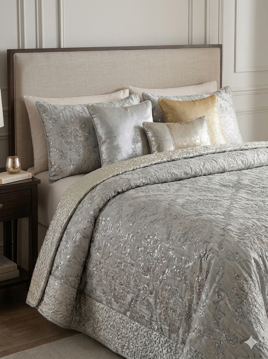 Silver patterned comforter set on a bed with matching pillows in a bedroom setting.