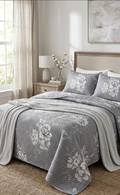 Steel grey botanical quilt bedding set with modern leaf pattern design