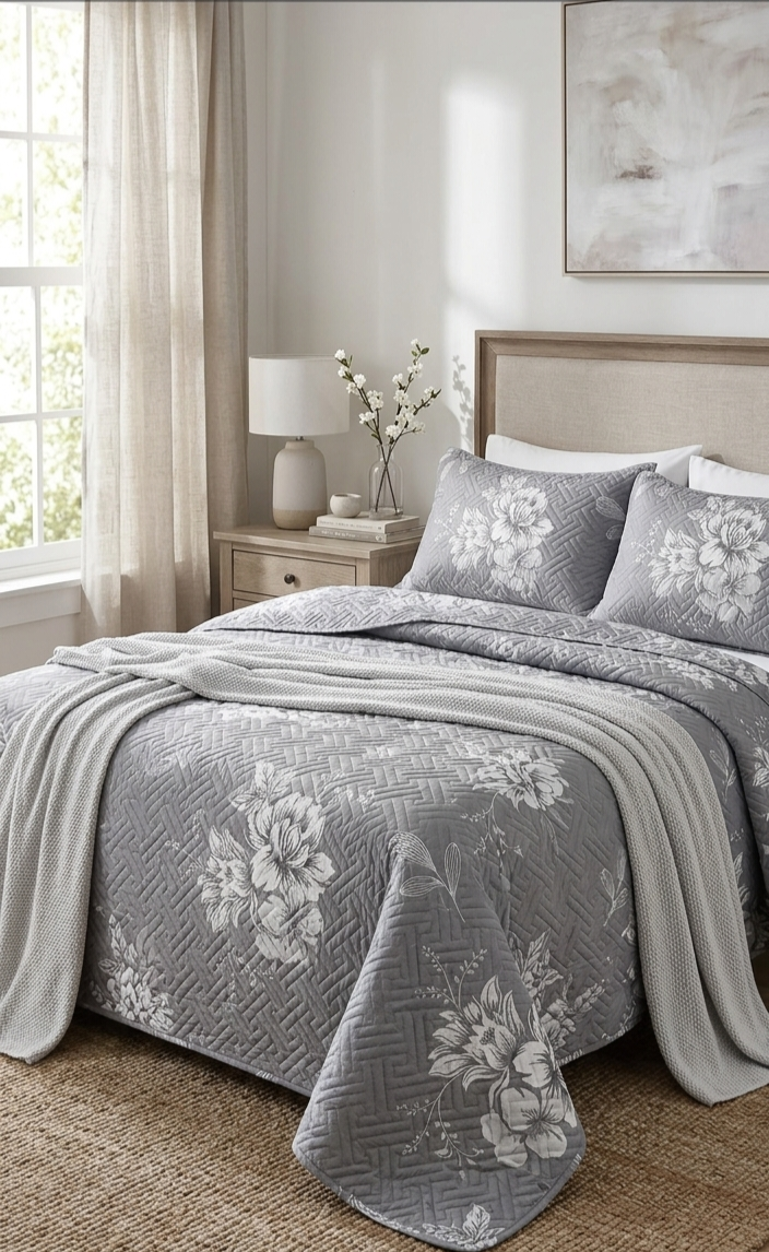 Steel grey botanical quilt bedding set with modern leaf pattern design