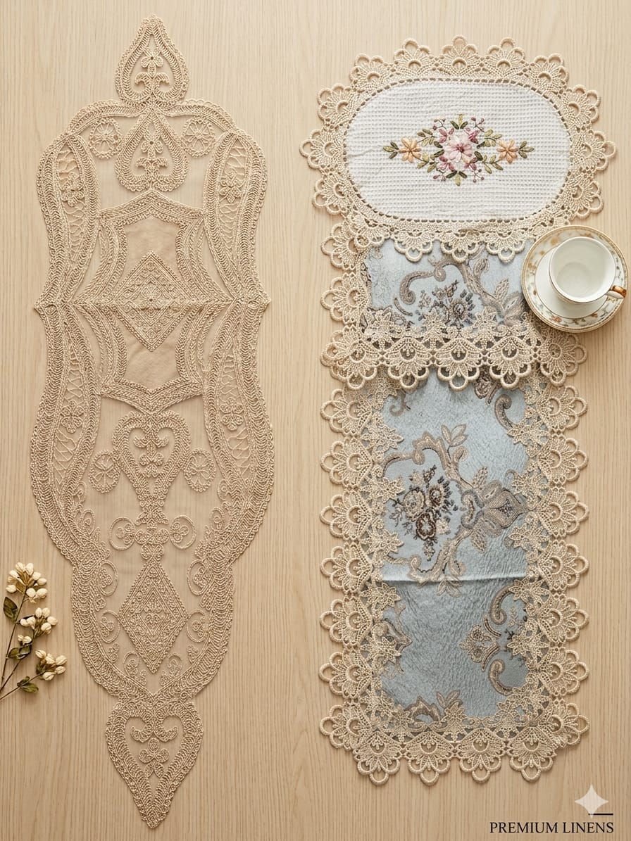 Decorative lace table mats on a wooden surface with 'Premium Linens' branding.
