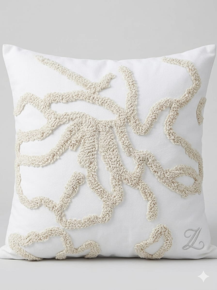 Decorative pillow with beige coral pattern on a white background