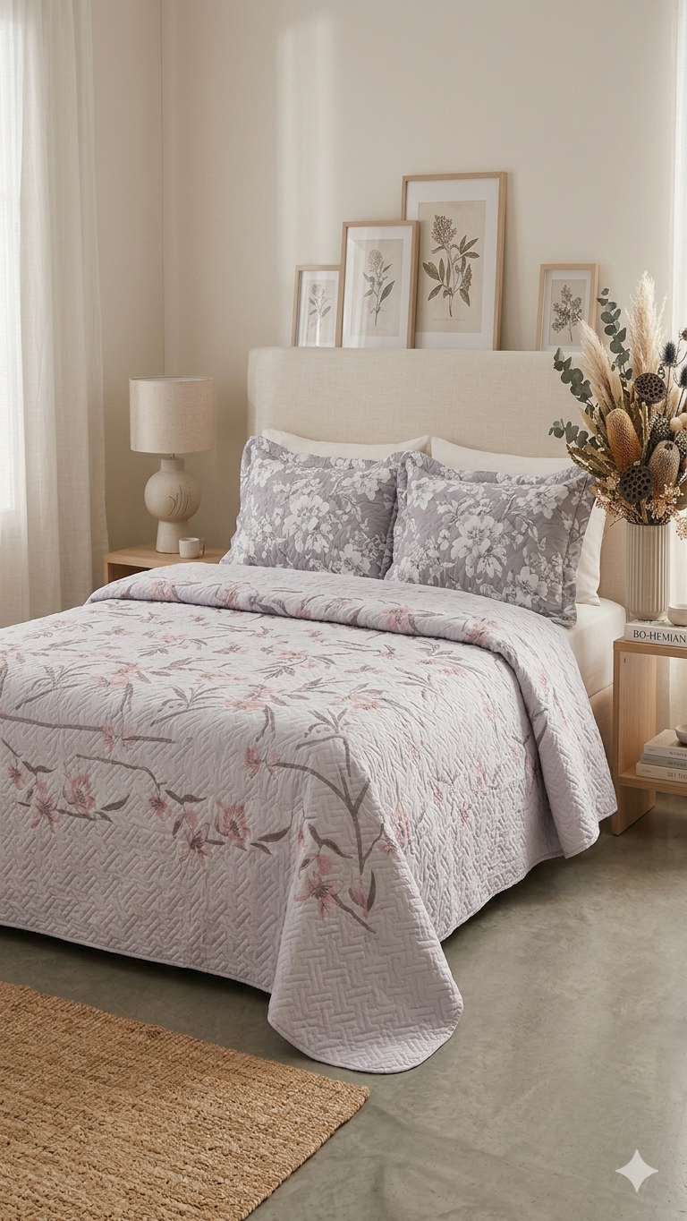 White orchid branch quilt bedding set with floral embroidered design