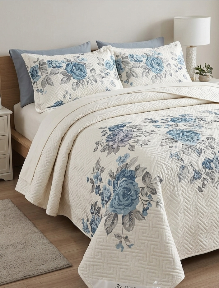 Floral patterned bedspread on a bed in a bedroom setting
