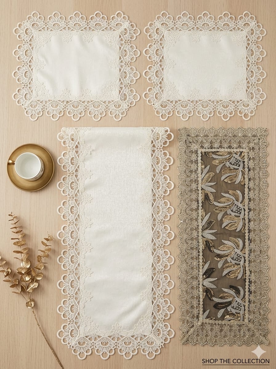 Set of lace placemats and doilies on a wooden surface with a cup and saucer.