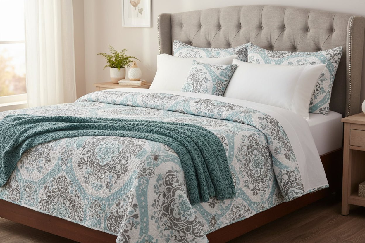 Packaged decorative pillow with pattern on a gray surface